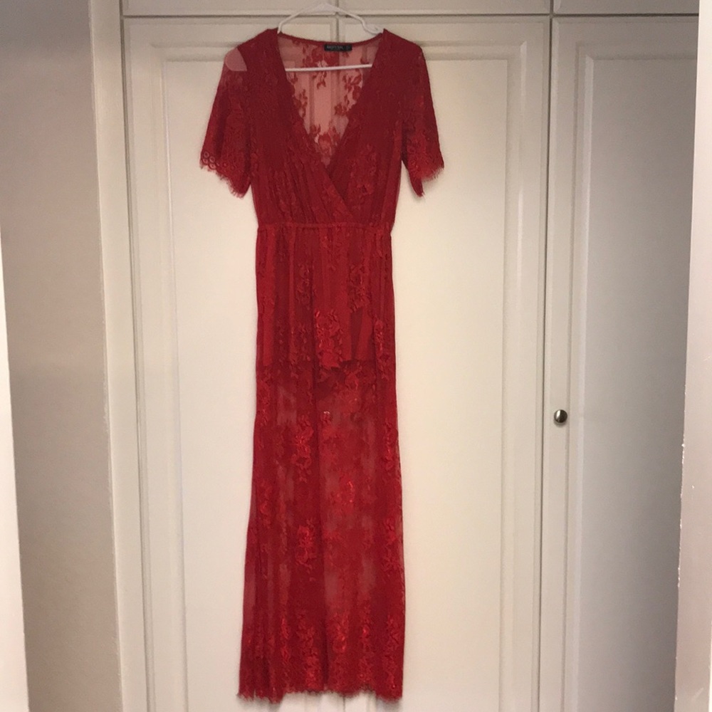 Red lace maxi dress